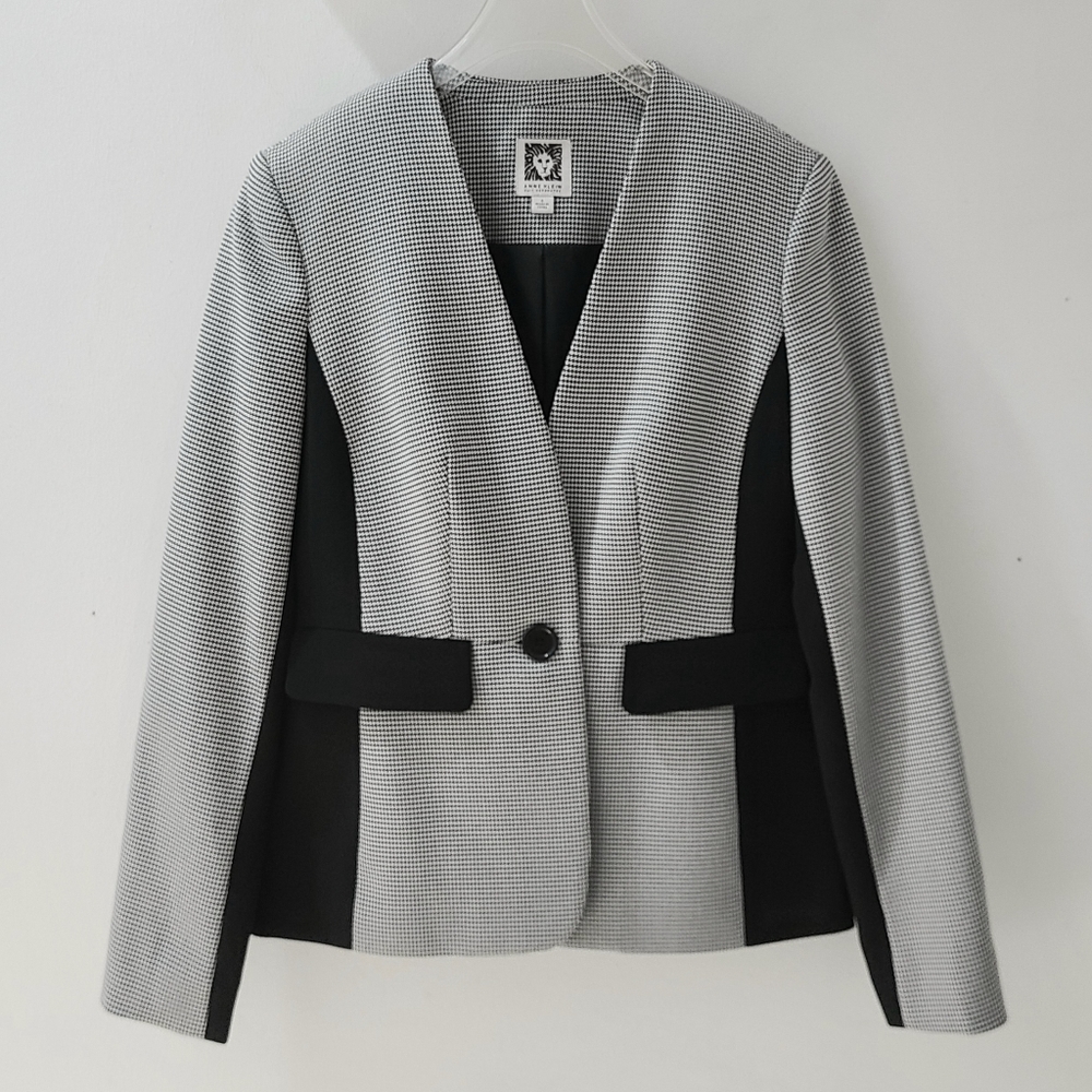Anne Klein 1-Button Blazer Jacket Black/White Houndstooth XS-S Y2K Classiccore